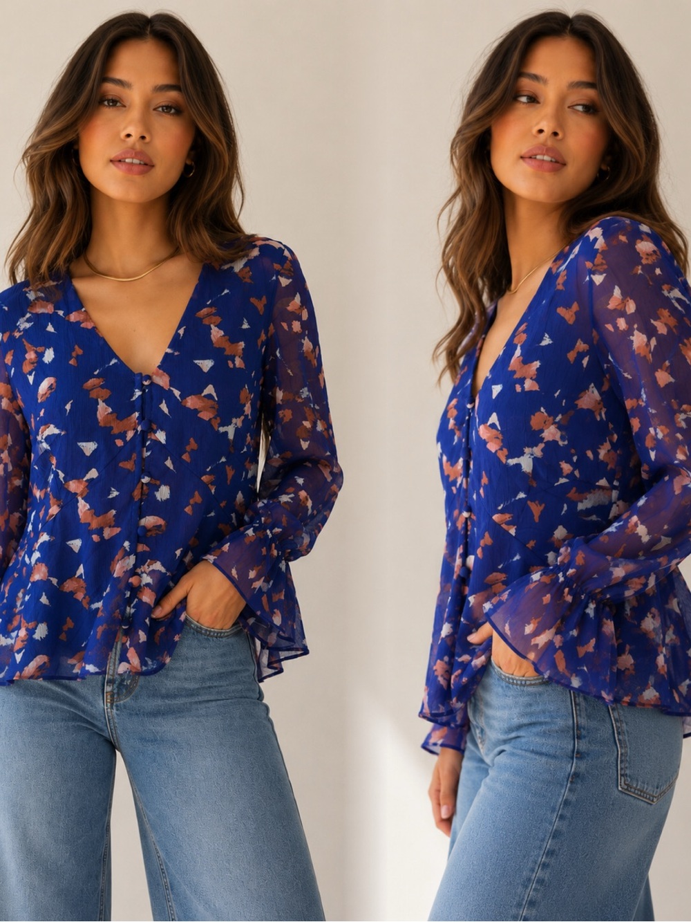 Nine West Royal Blue V-Neck Blouse with Rust & Cream Floral Print